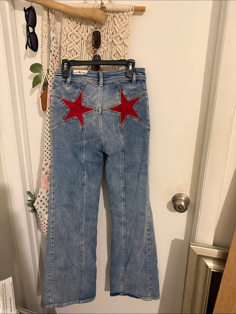 Free People Light Blue Denim Flare Jeans with Red Star Back Pockets